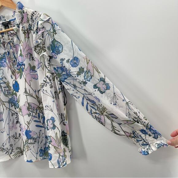 NWOT Halogen Floral Ruffle Smocked Tie Front Long Sleeve Cottagecore Blouse L - Picture 3 of 13